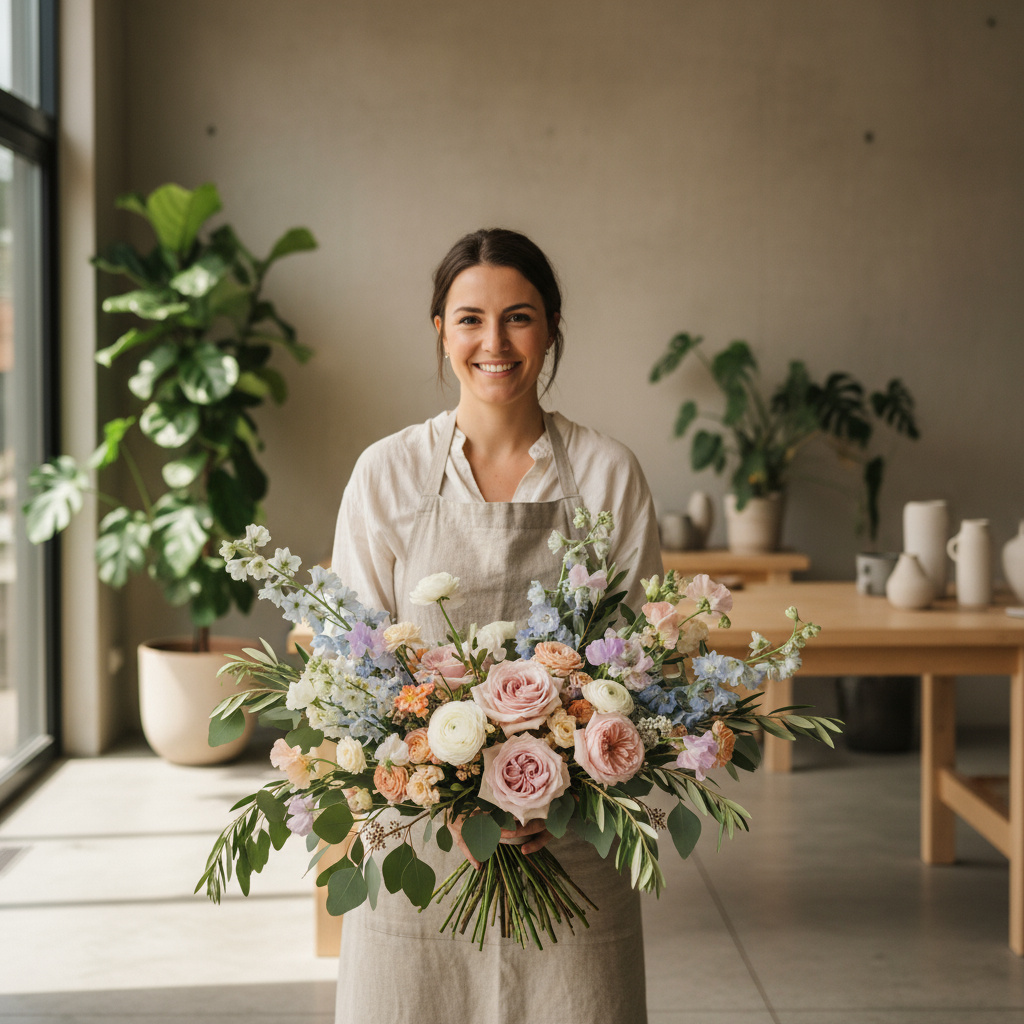 Floristin mit Bouquet im Atelier