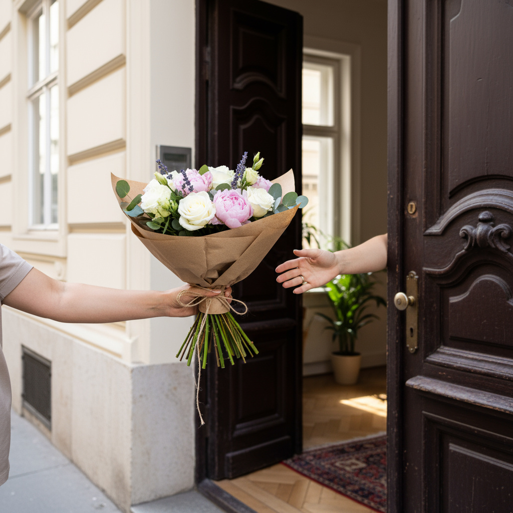 Bote liefert Blumen in Wien